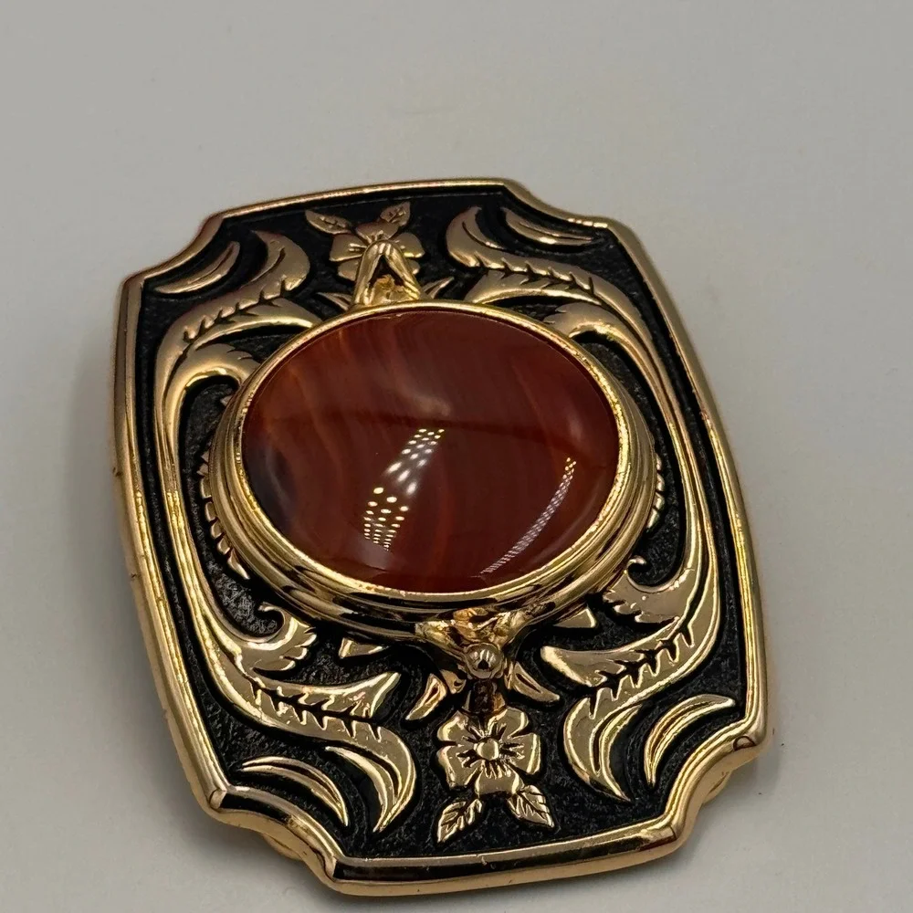 Vintage Western Belt Buckle Gold Tone Faux Carnelian Agate Floral Made in USA